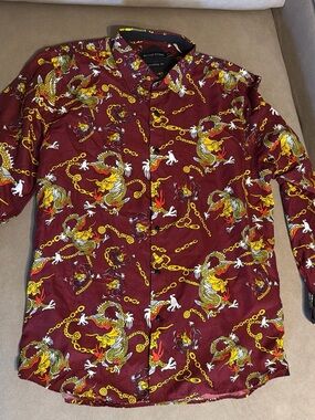Men's Burgundy Dragon Print Button-Down Shirt by